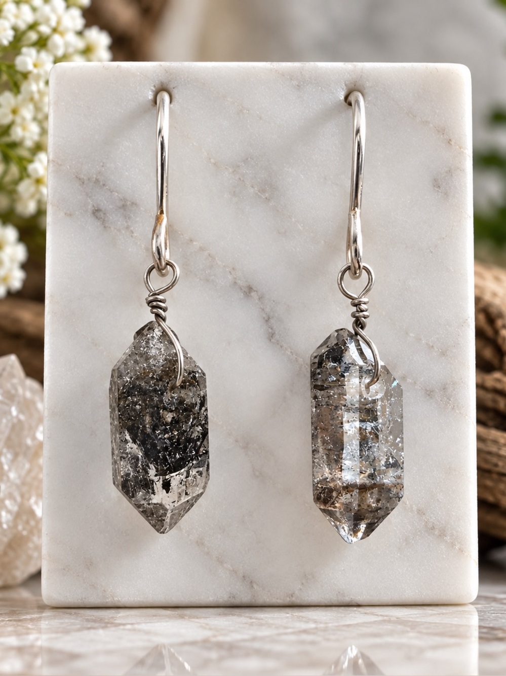 Vintage Natural Herkimer-Style Quartz Crystal Earrings 925 Sterling Silver Dangl